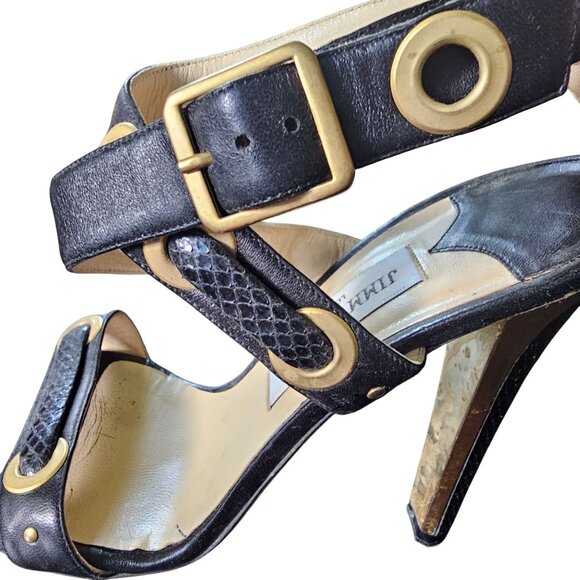 Jimmy Choo Black Leather & Gold Snake-Print Heeled Sandals With Buckle Closure S - Picture 2 of 13